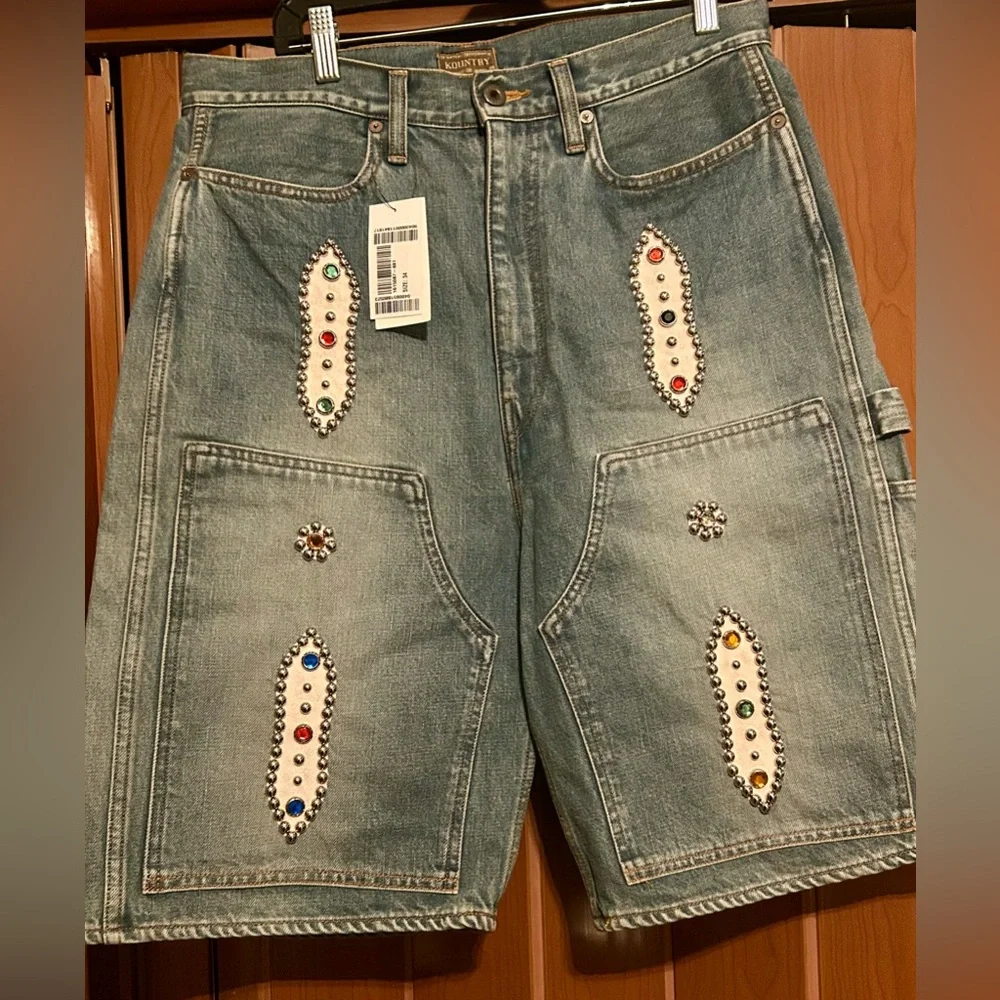 Kapital 14 oz denim shorts WITH studs remake size 34 NWT - Picture 1 of 15
